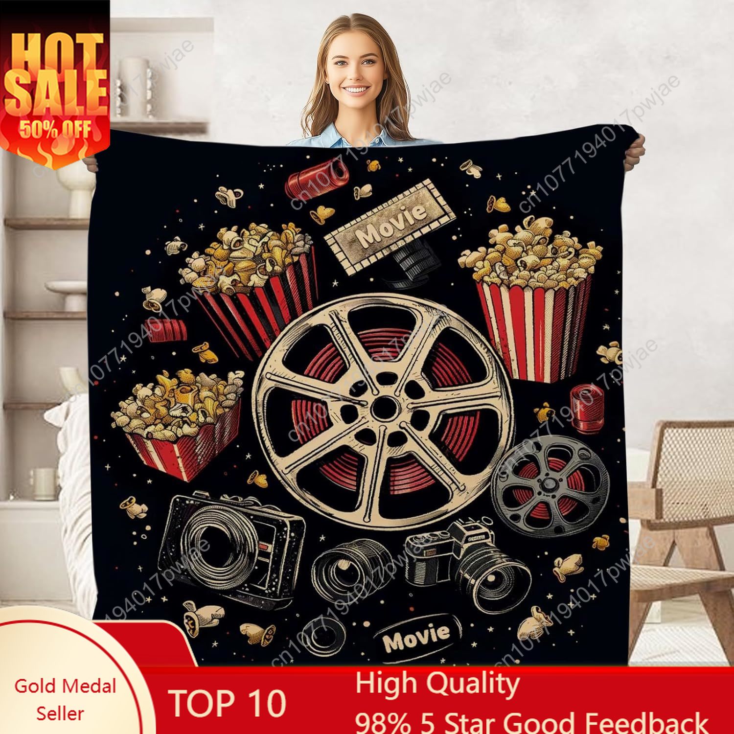 Home Cinema Tickets - Movie Ticket Popcorn Throw Blanket for